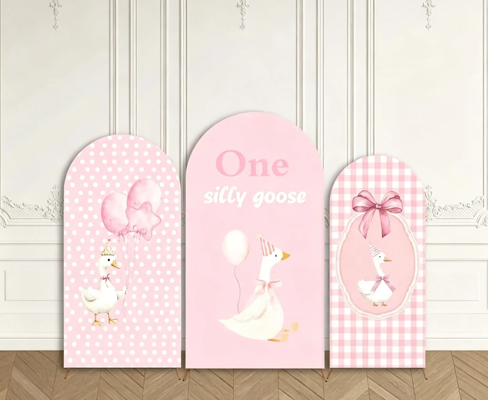 Custom 2-Side One Silly Goose Baby Shower Arch Backdrop Cover Pink Plaid Balloon Bow Girl Birthday Party Photography Background