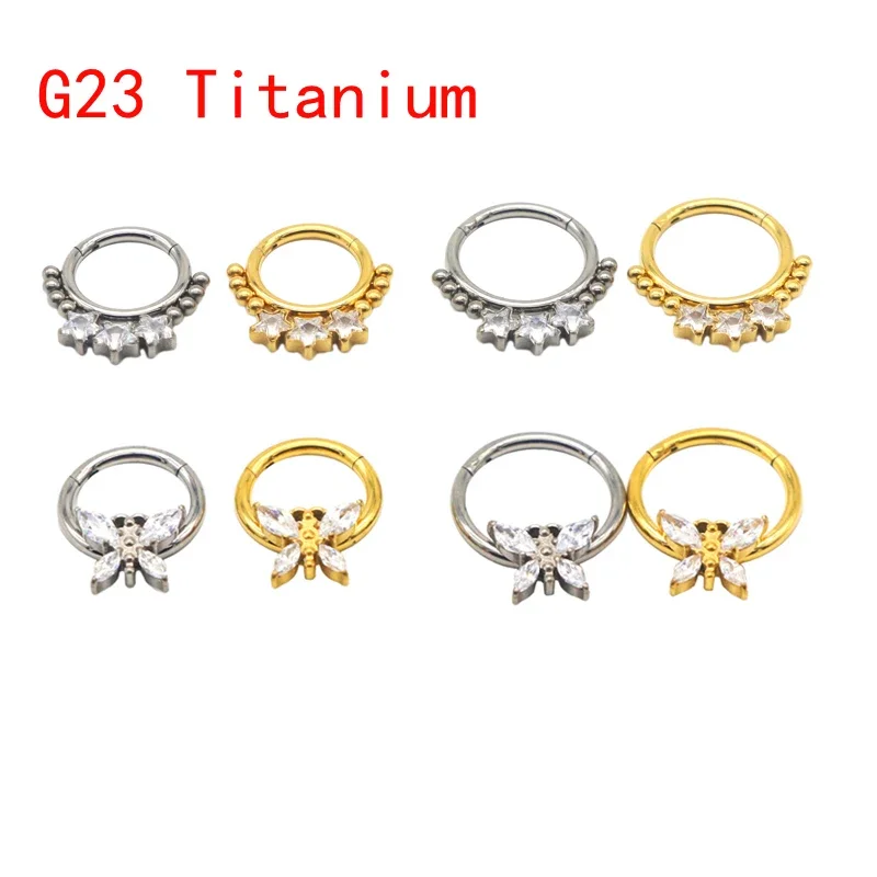 

F136 Titanium Clickers Hoop Nose Ring Earring 16G Star Butterfly Hinged Segment CZ Gem Tragus Ear Lip 8mm 10mm