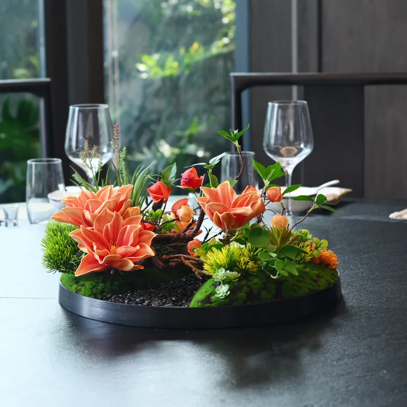Hotel large round table flower ornament box round carousel fake flower Chinese ornaments on the fake flower dining table
