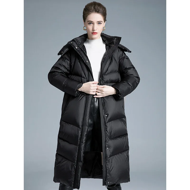 الفاخرة عالية الجودة سليم أسفل سترة المرأة شتاء دافئ سترة منفوخة طويلة الأكمام مقنعين يندبروف خندق معطف جاكيتات للنساء