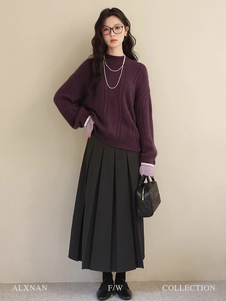 

ALXNAN Purple Sweater Women Thickened Loose-fit Elegant Pullovers 2025 Autumn Winter Beaded Cuffs Knitted Tops Female L51906