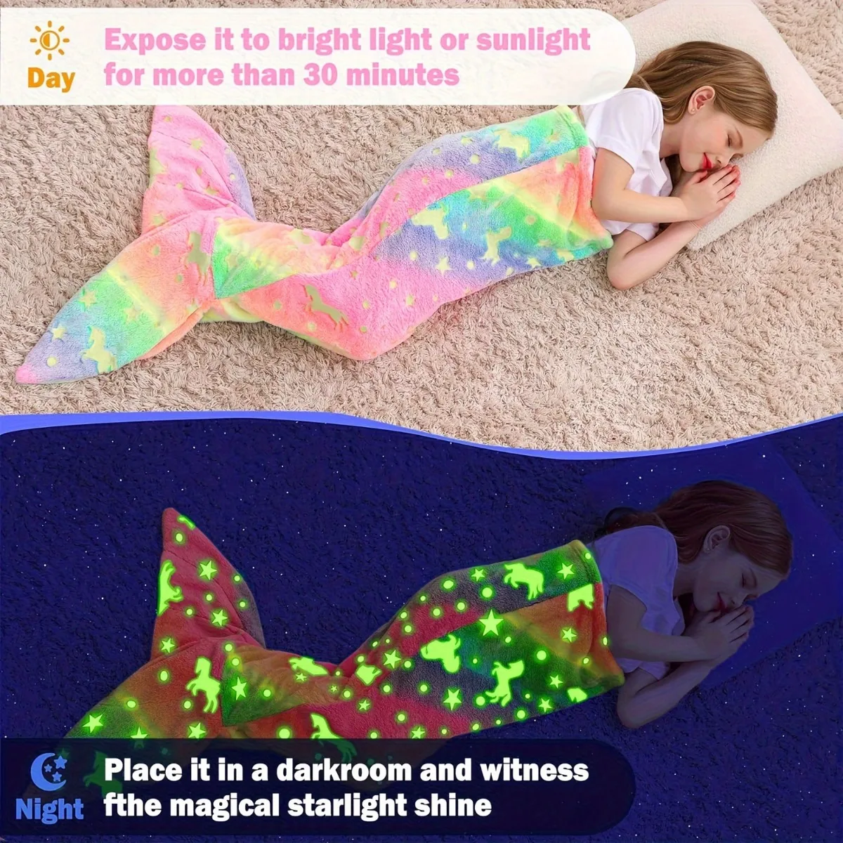 Cartoon Rainbow Unicorn Mermaid Tail Blanket Super Soft Glow in The Dark Flannel Mermaid Tail Blanket Gifts for Girls
