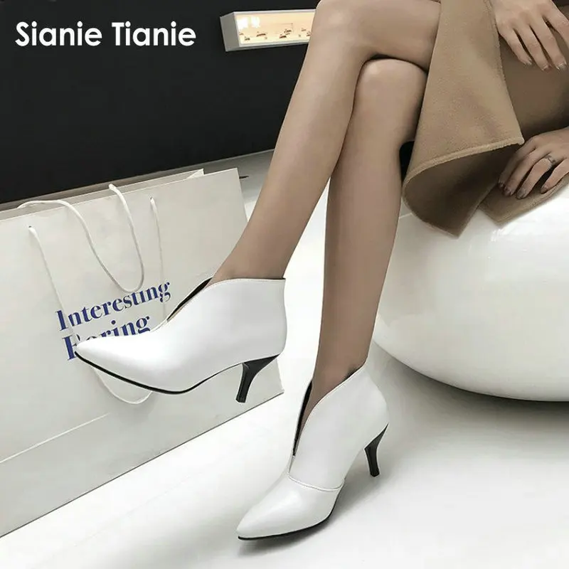 

Sianie Tianie 2026 spring winter sexy V-cut black white boots for women thin high heels pumps shoes woman ankle boots size 33-43