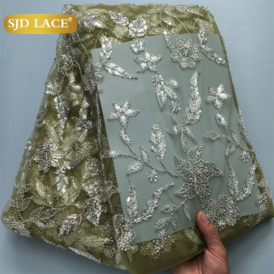 SJD LACE Nigerian African Beads Mesh Lace Fabric 2025 New Design French Embroidery Tulle Lace Fabric Sewing Wedding Material4163