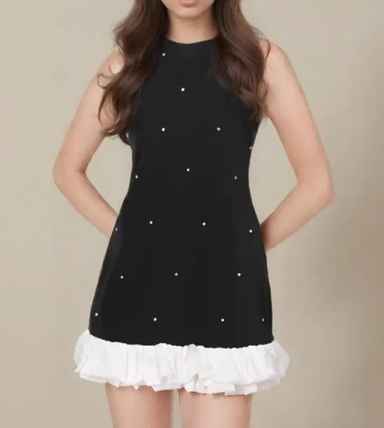 Women Dresses 2026 Spring Summer New Solid Color Sleeveless Slimming Ruffles Patchwork Hem Round Neck Casual A-Line Dress