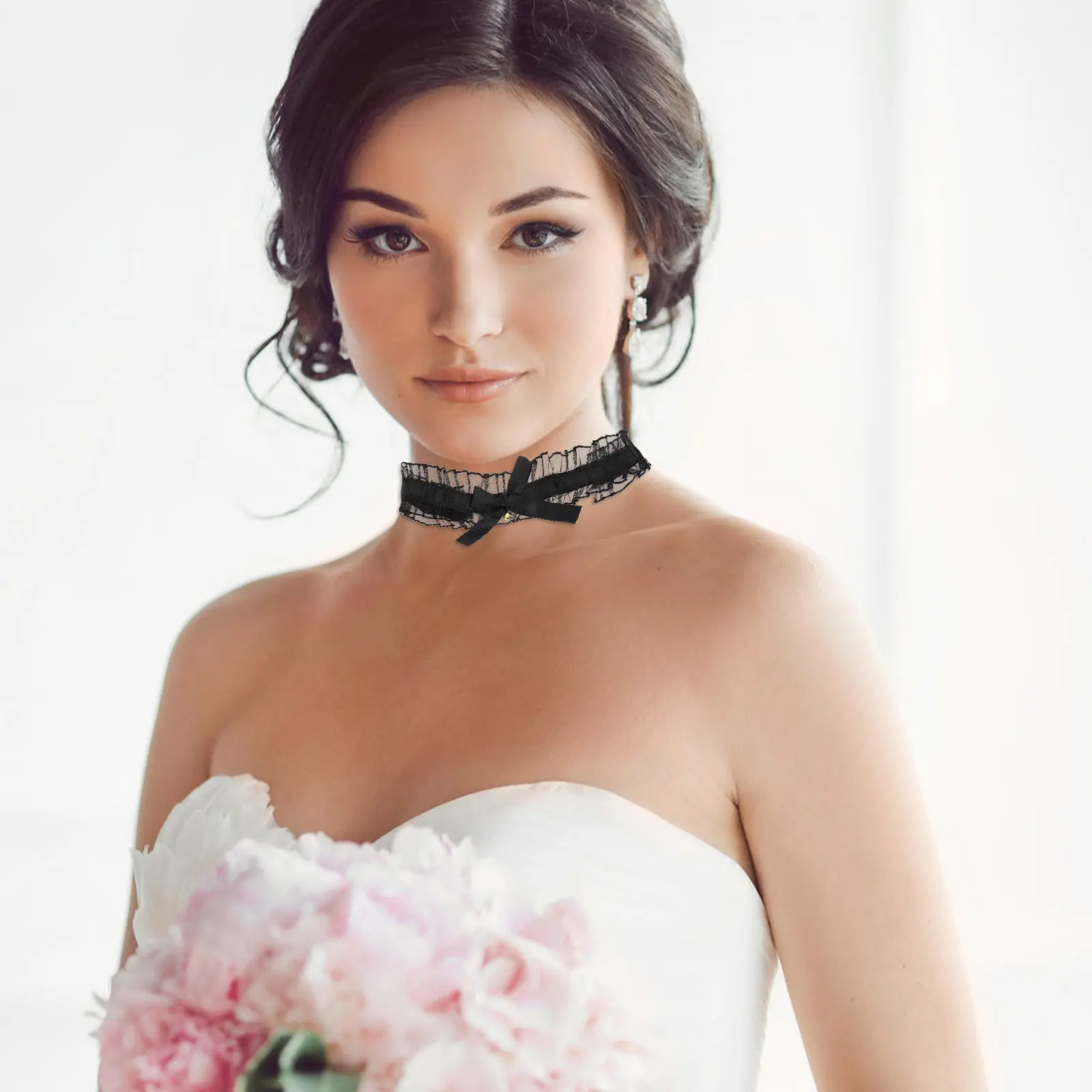 Lace Bow Choker Necklace Set for Women Black Beige Ruffle Collar Elegant Fashion Clothing Accessory