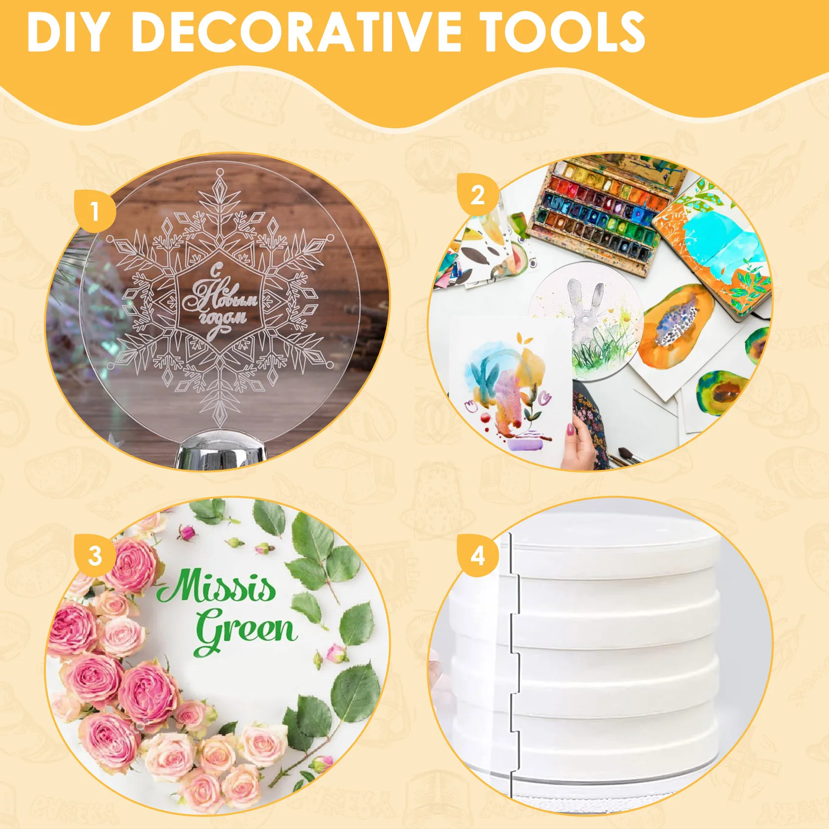 

AEE4-Acrylic Round Cake Disk Set - Cake Discs Circle Base Boards With Center Hole - 2 Comb Scrapers (4 Patterns) & Dowel Rod