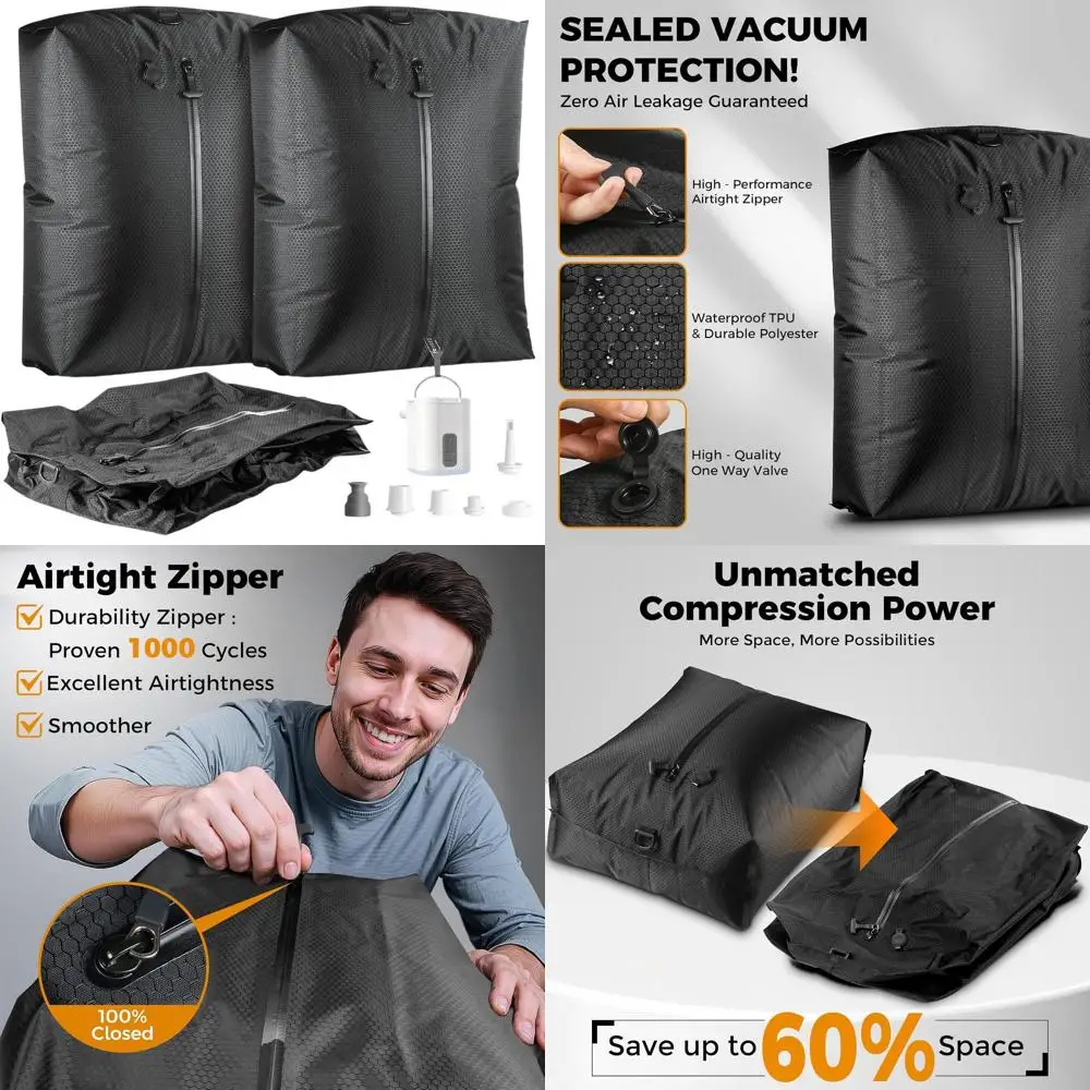 

Waterproof Reusable Vacuum Bags with Wireless Pump for Travel, Ideal for Clothes and Suitcases, Space-Saving Compression Solutio