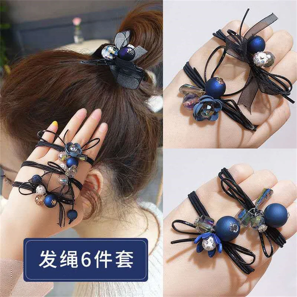 6Pcs/Set  Flower Ball Crystal Ribbon Hair Bands Ring Women Girl Elegant Elastic  Ponytail Holders Scrunchies Females Hair Ropes