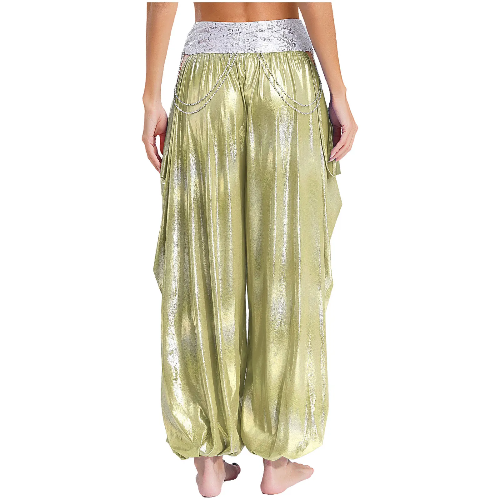 Mulheres strass correntes dança do ventre calças metálicas espumante lantejoulas cintura calças recorte solto bloomers traje de madeira do ventre