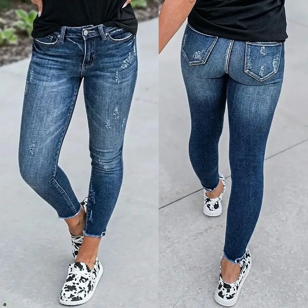 

2026 New Women Slim Fit Retro Washed Distressed Frayed Hem Bootcut Denim Pants High Waist Elastic Ankle Length Pants