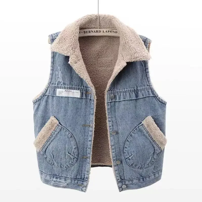 

Pop High Quality Lamb Wool And Plush Thick Denim Vest For Autumn And Winter Women's Loose Cotton Vest Camisole Jacket