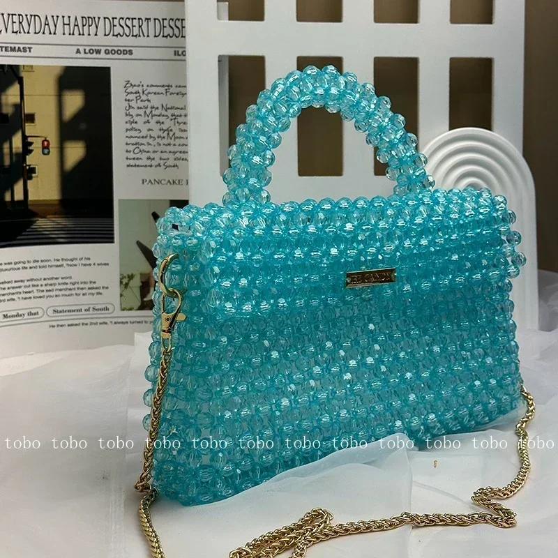 Transparent Box Beaded Tote Bag for Women Large Capacity Casual Ladies Hand Bags Lake Blue Luxury Brand Bag with Inner