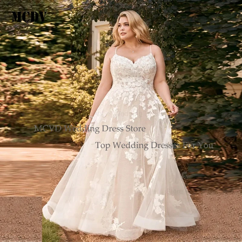 

MCDV Women A line Plus Size Wedding Dresses Customized Sexy V Neck Spaghetti Strap Sleeveless Gorgeous Lace Robe De Soirée