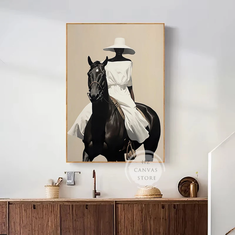 Black Woman Horse Riding Fashion Vintage Black Horse Poster Print Canvas Painting Wall Art Picture for Living Room Home Decor