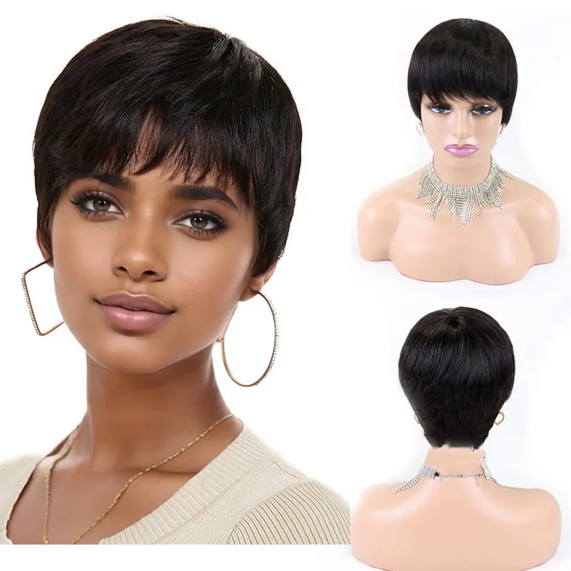 Short Human Hair Wigs for Black Women Natural Black Short Wig with Bangs Fashion Short Pixie Wig Human Hair Full Machine Wigs