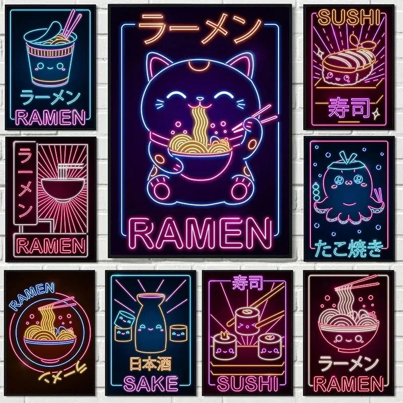 Neon Retro Japanese Food Ramen Sushi Cat Poster and Prints Canvas Painting Wall Art Pictures Kawaii Cuisine Room Home Shop De