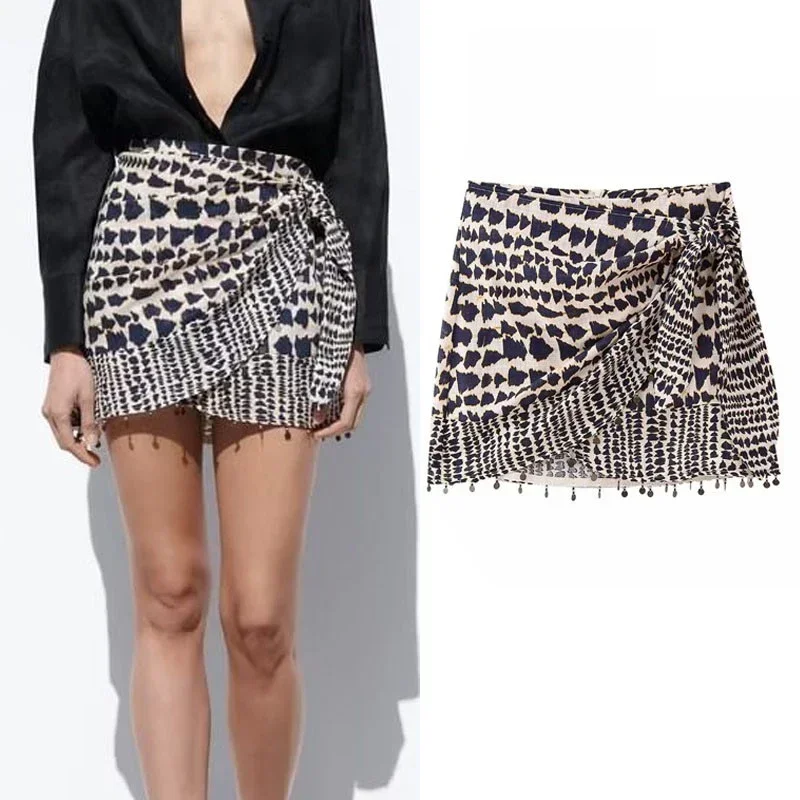 

TPJB New Skirts for Women Vintage Print Wrap Mini Skirt Female Clothing Korean Fashion Irregular Tassel Short Skirts Summer