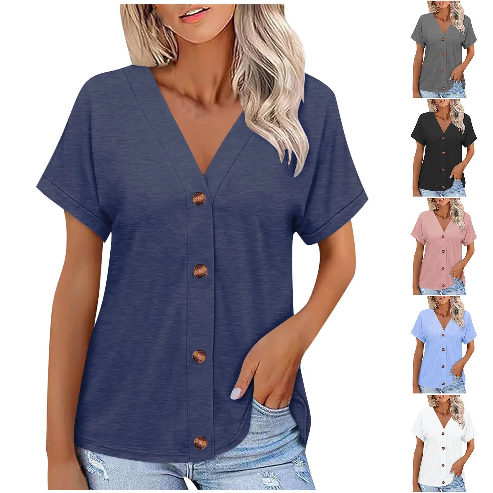 Women's Blouse Tops For Woman Loose Fit Button Up Blouse V Neck Blouse Pastel Pink Short Sleeve Blouse White Women Shirts