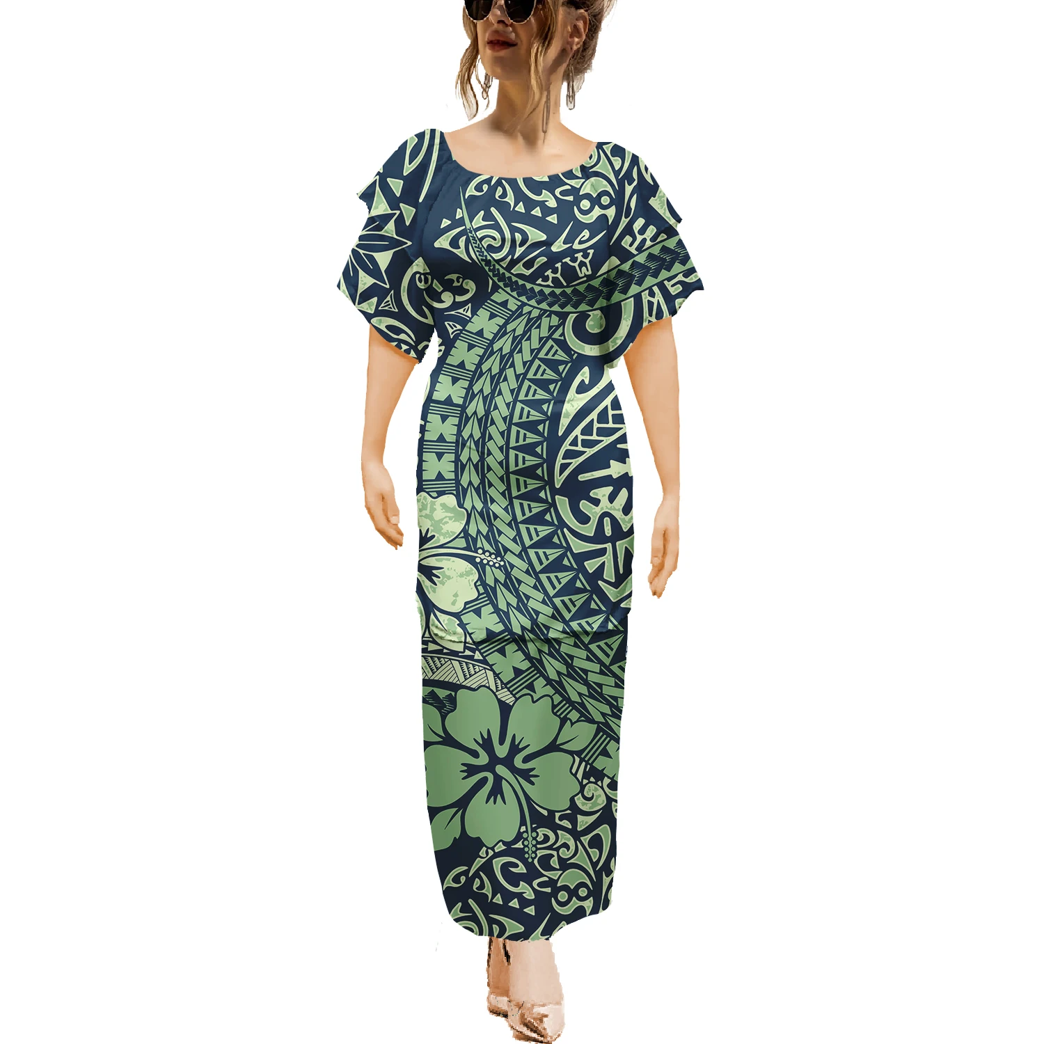 Venda quente samoa puletasi estilo elegante 2 peças ilha maxi vestido dupla camada manga polinésia plus size vestidos femininos