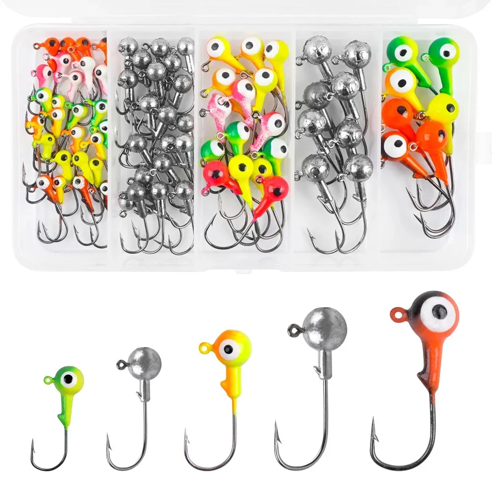 

75Pcs Jig Head Fishing Hooks Kit Round Crank Jig Head Hook Unpainted Ball Head Saltwater Fishing Hook for Bass Trout Crappie