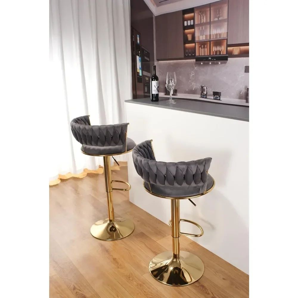 Modern Gold Velvet Bar Stools, Barstool com Costas, Altura Ajustável e Giratória, Cozinha Bares Cadeiras, Bar Chair, Conjunto de 2