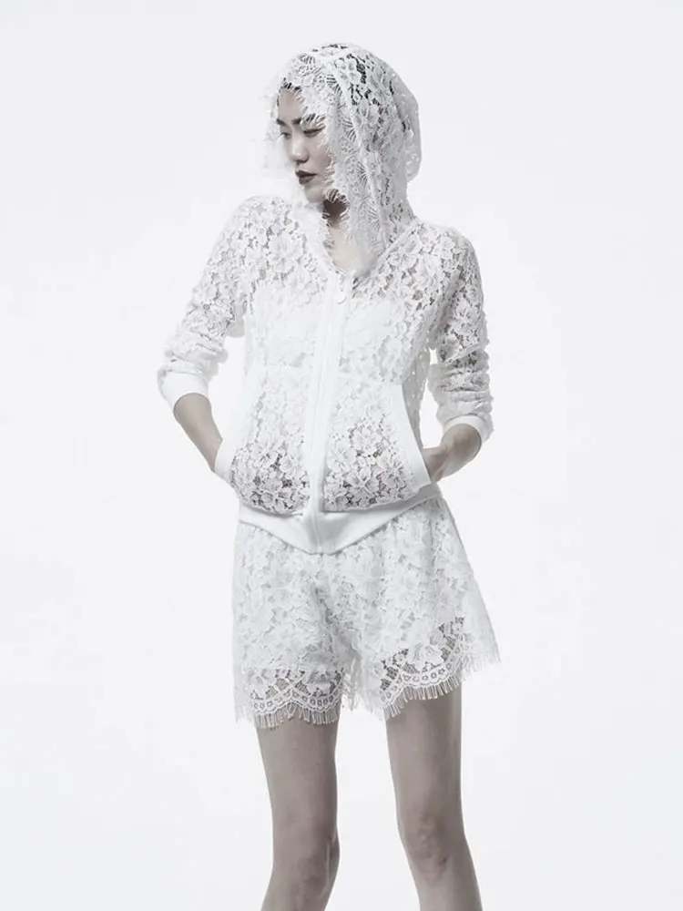 

Hooded Lace Svel Top Zipper Hollow out Design Thin Long Sve Sun Protection Fairy Sle Cardigan Jaet for Women