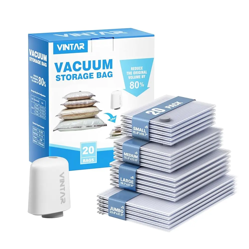 

Free ShippingTravel Vacuum Seal Bags for Clothing with Rechargeable Cordless Pump, 20 Pack (5J+5L+5M+5S) Carry-on Size Space S