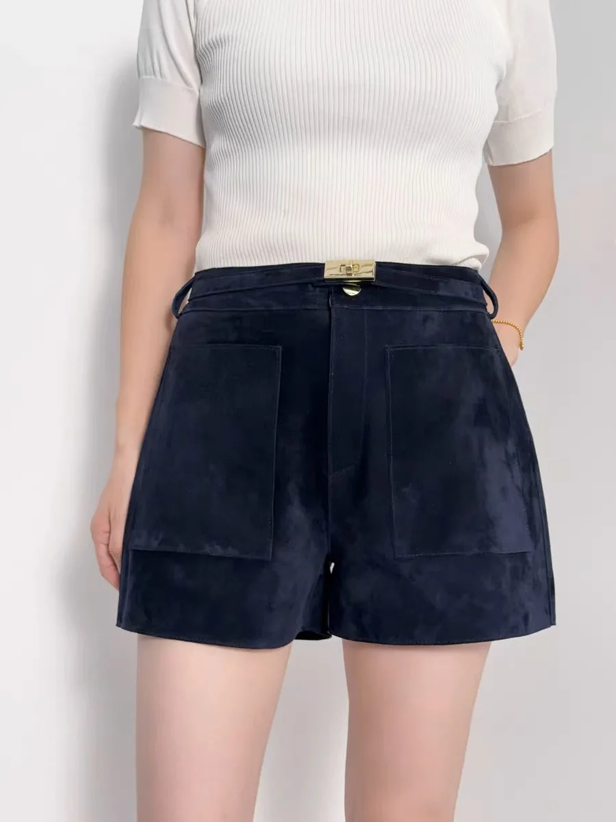 Mode rétro nouveauté 2025 véritable enfant daim peau de mouton Shorts en cuir femmes décontracté en cuir véritable Shorts ceintures