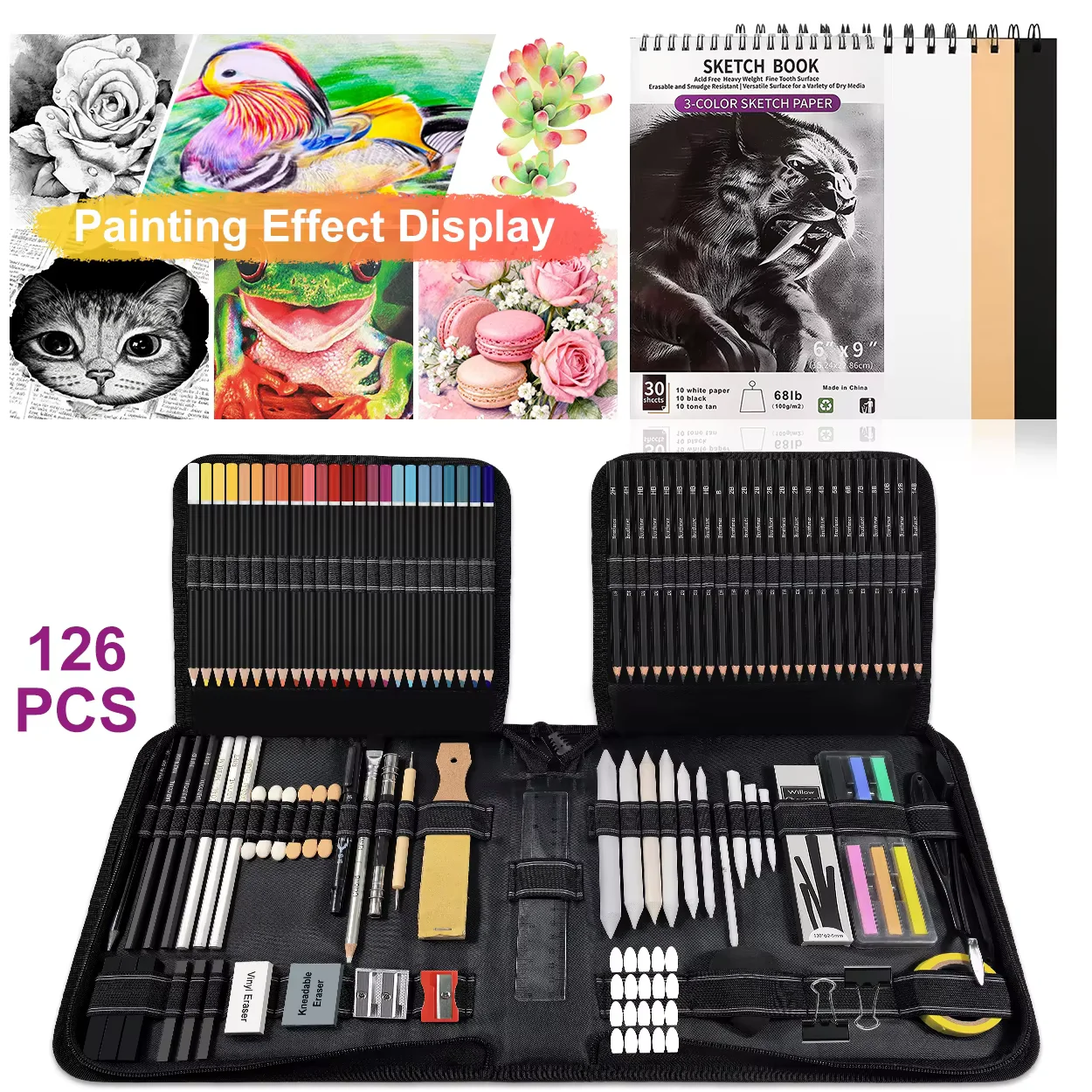 18-126 pcs Drawing Set Sketching Kit - Art Supplies,for Adults Artists with 3-Color Sketchbook,Graphite,Pastel,Charcoal Pencils