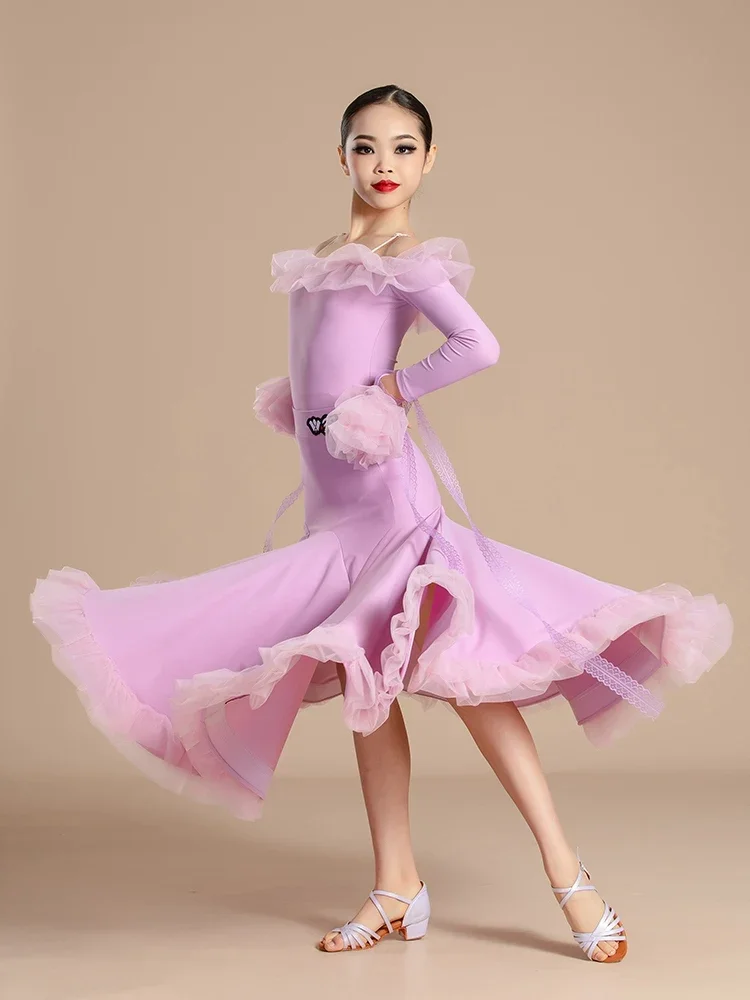 Skirts Suit Girls Ballroom Dance Competition Dress New Children'S National Standard Dance Clothes Long Sleeved Big Swing