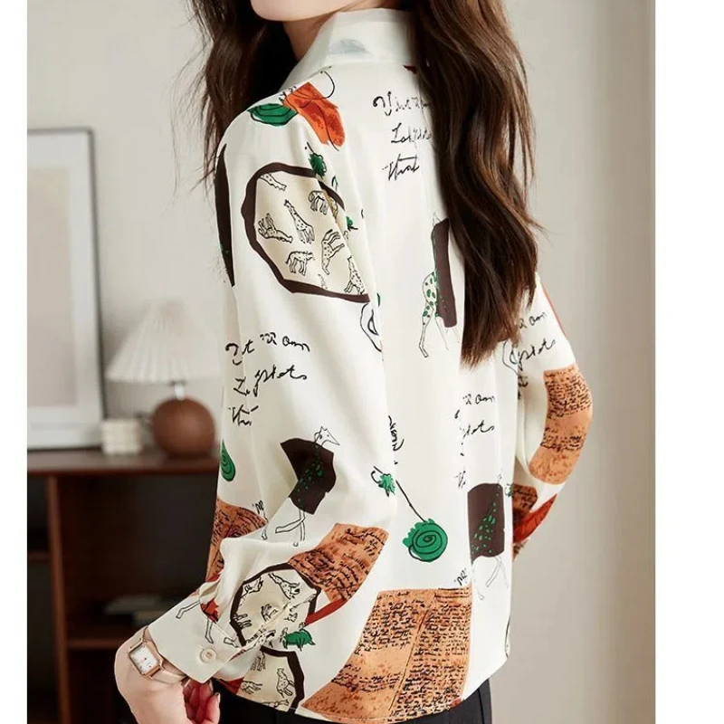 Geometric Hand-Painted Chiffon Printing Button Lantern Long Sleeve Women\'s Clothing Cardigan Shirt Casual Turn-down Collar Tops