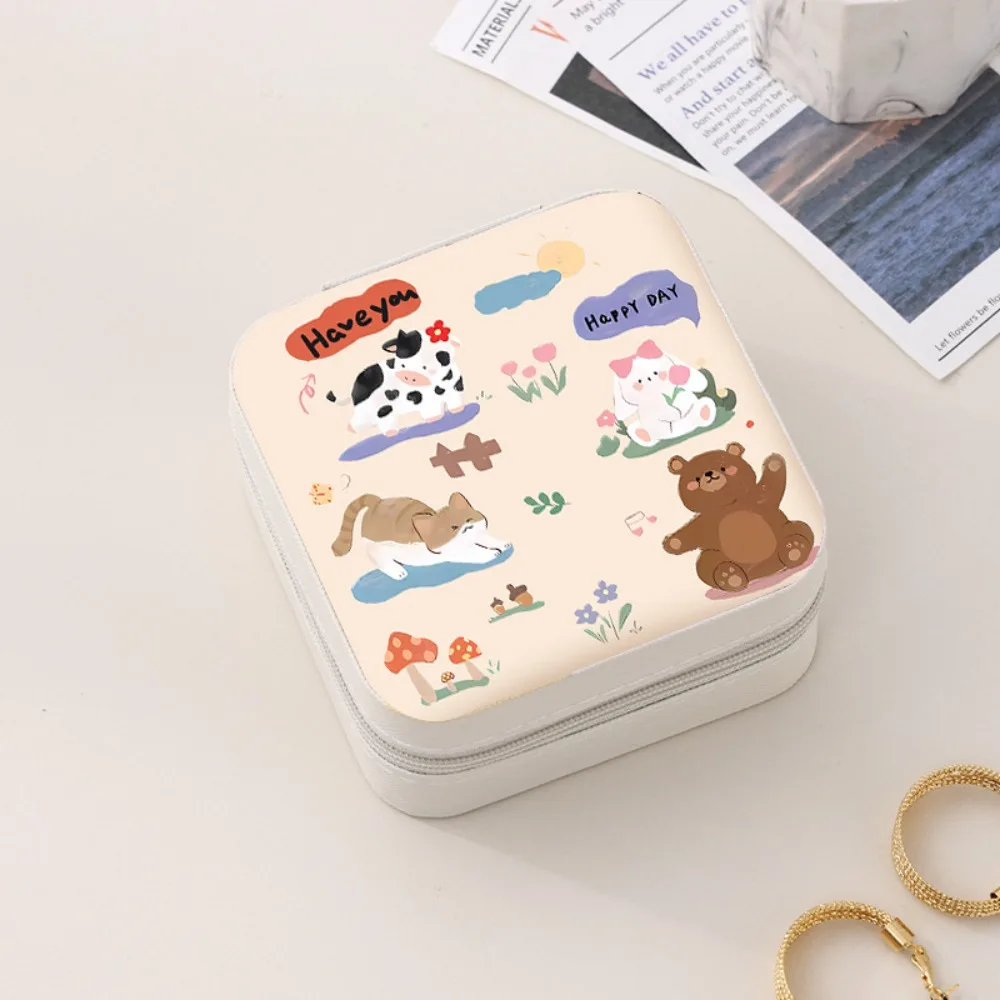 

Прекрасная кавайная мини-шкатулка для драгоценностей из искусственной кожи с мультяшным ожерельем, чехол для колец на молнии, квадратный органайзер для сережек для женщин