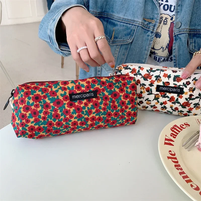 Women Corduroy Cosmetic Bags Fresh Floral Print Beauty Female Makeup Brush Storage Bags Student Girl Pencil Case Bags