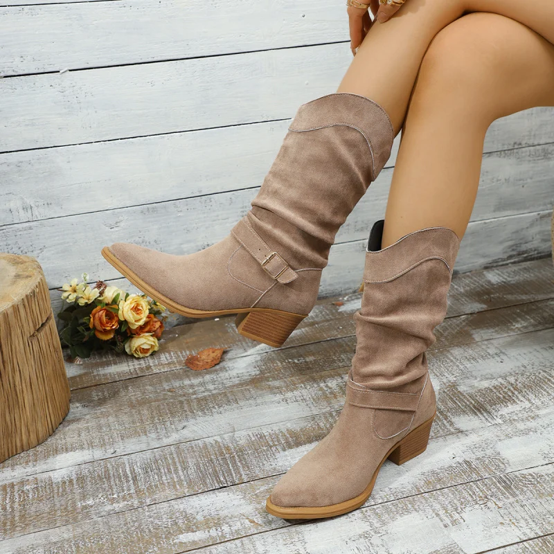 

Сапоги с морщинистым ворсом. Длинные сапоги на платформе и толстом каблуке. Ковбойские сапоги в стиле вестерн. Универсальные сапоги для верховой езды с острым носком, увеличивающие рост.