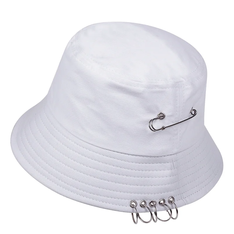 Solid Color iron pin rings personality Bucket Hat cap for unisex women men cotton fishermen caps