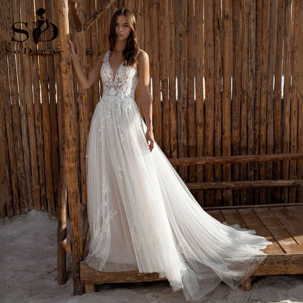 Sodigne Bohemian Kant Wedding Dres V-hals Applicaties Tulle Backless Tulle Vrouwen Bruiden Lady Gowns Robe De Mariee Mouwloze