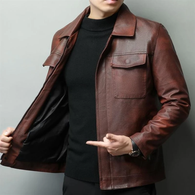 Vintage Brown Cowhide Leather Biker Jacket for Men Rugged Faux Cowhide Flap Collar Retro Motorcycle Coat with Distressed Finish
