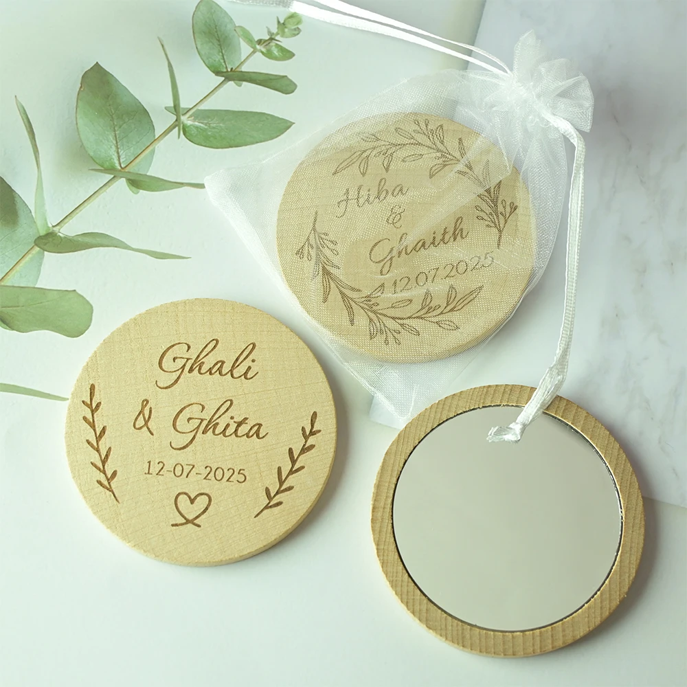 

50pcs Personalised Wooden Mirror Customized Wedding Party Favor For Guests Wood Mirror Portable Round Compact Pocket Mirror