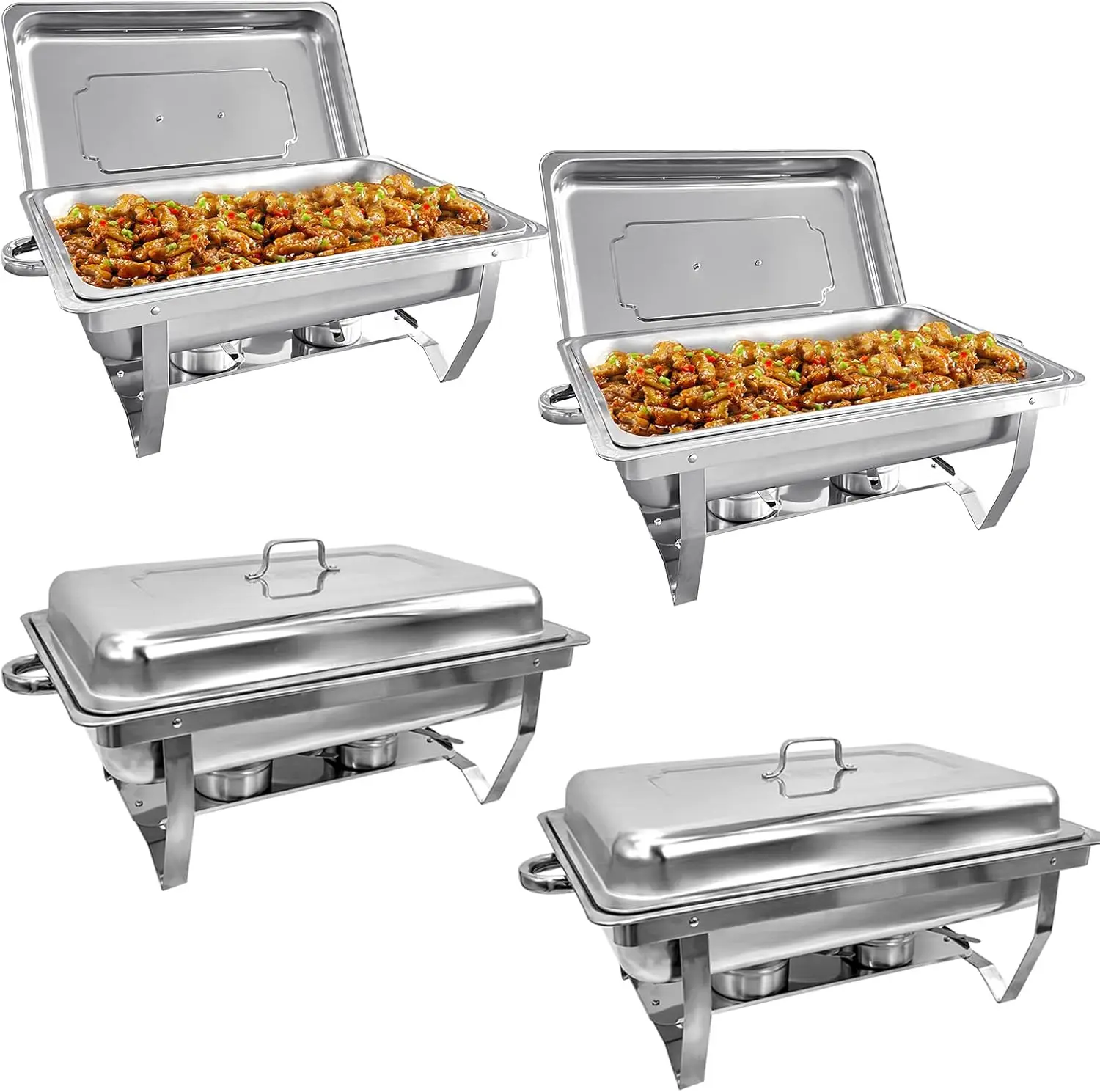 4 Pack Chafing Dish Buffet Set High Grade 8QT Stainless Steel Chafer Complete Set, 8 QT, Alpine Gray Handle, Silver