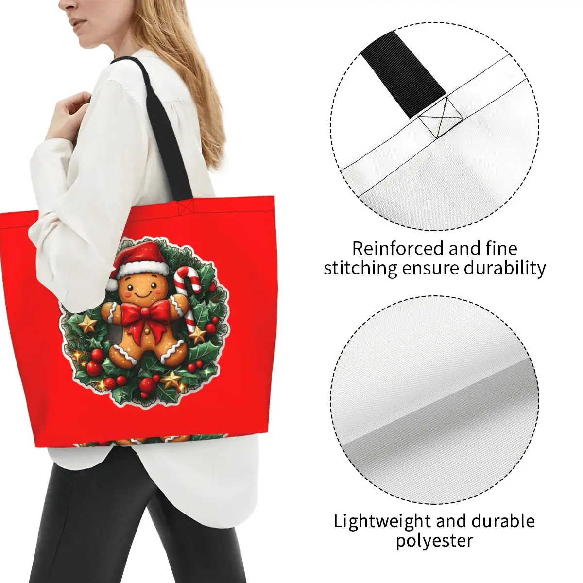 Gingerbread Joy Wreath Shopping Tote Bag Canvas Large Capacity Shoulder Bags Shopper Grocery Handbag for Women