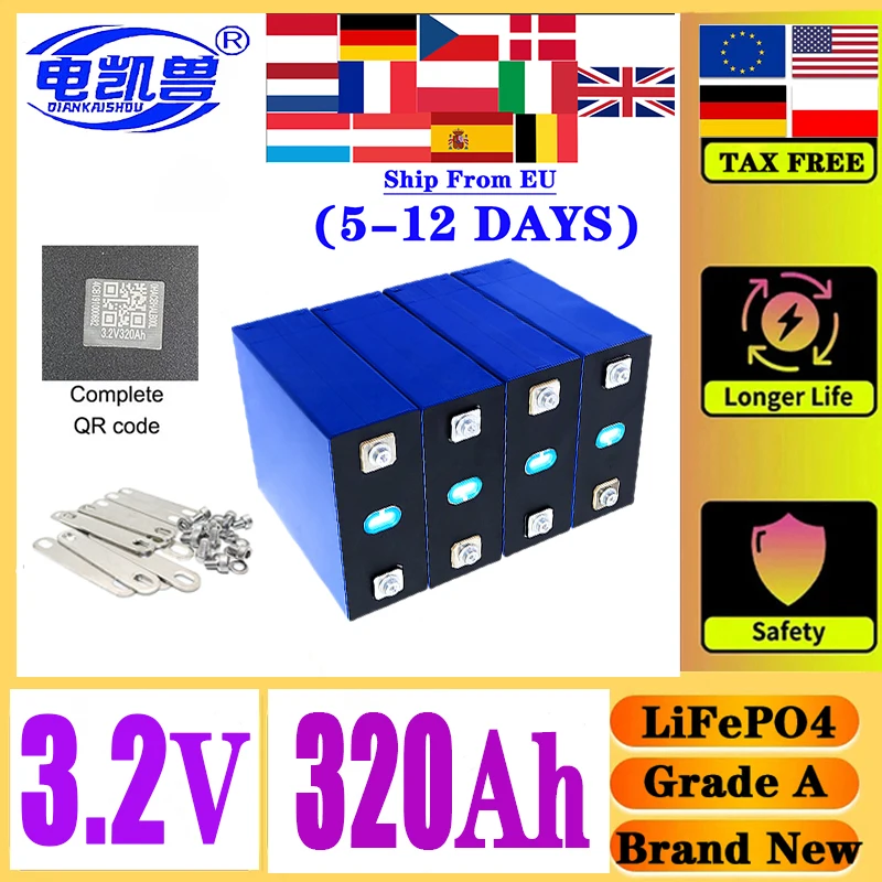 no tax 4~64pcs 320Ah 8000 cycle LiFePO4 3.2V rechargeable battery suitable for DIY 12V~48V caravan marine solar energy system