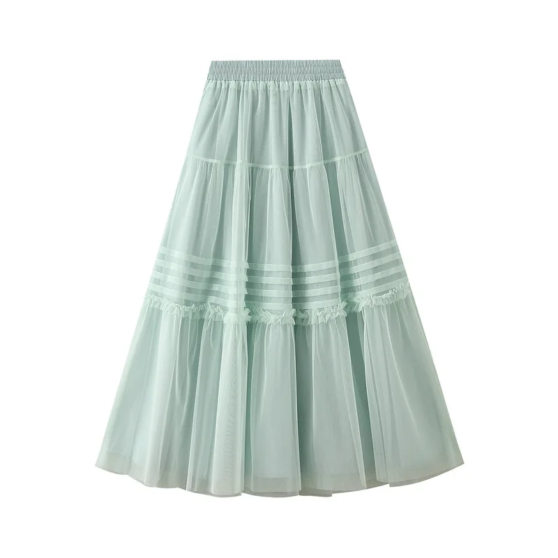 

Casual Loose Skinny elastic high waisted MAXI Skirts Summer Women's Skirt New pleated lace Swing A-line mesh skirt for women