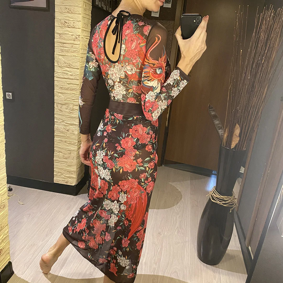 2026 S - XXL Printed Long Sleeve With Sarong One Piece Swimsuit Women Swimwear Female Flowers Padded Bather Bathing Suit Swim