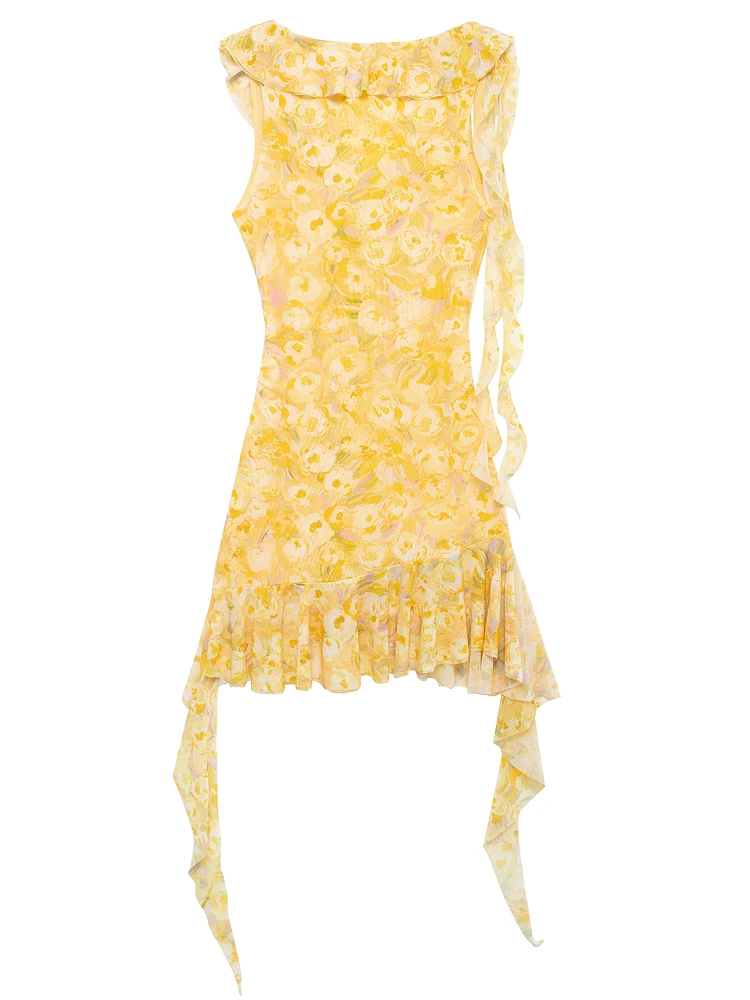 KAOPU ZA Women with ruffle draped printed tulle mini dress vintage v-neck sleeveless female dresses vestidos mujer