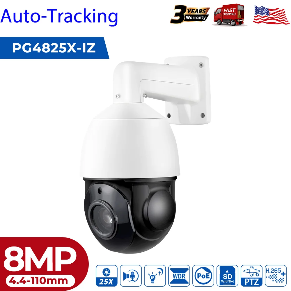 4K 8MP PTZ Security Camera Outdoor 25x Optical Zoom AI Human/Vehicle Tracking Built-in Mic/Speaker 100m IR Night Vision