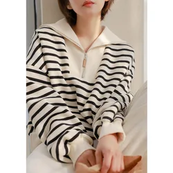 Korean Sailor Collar Sweatshirt for Women, Casual Loose Striped Sports Tops, Female Outerwear, Spring and Autumn