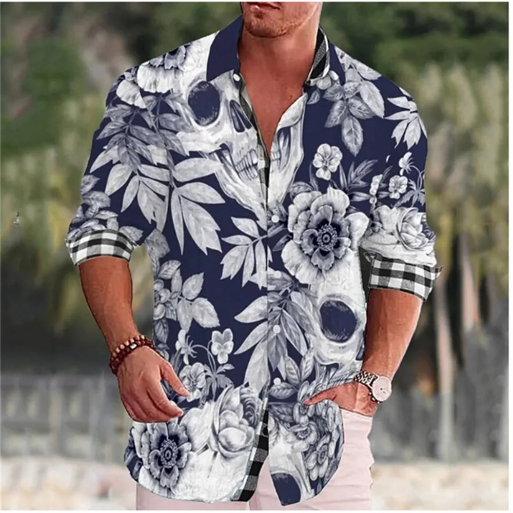 Camisa de manga larga con estampado 3D para hombre, camisa de solapa con patrón cuadrado, top informal de moda para fiesta y club, tela cómoda y