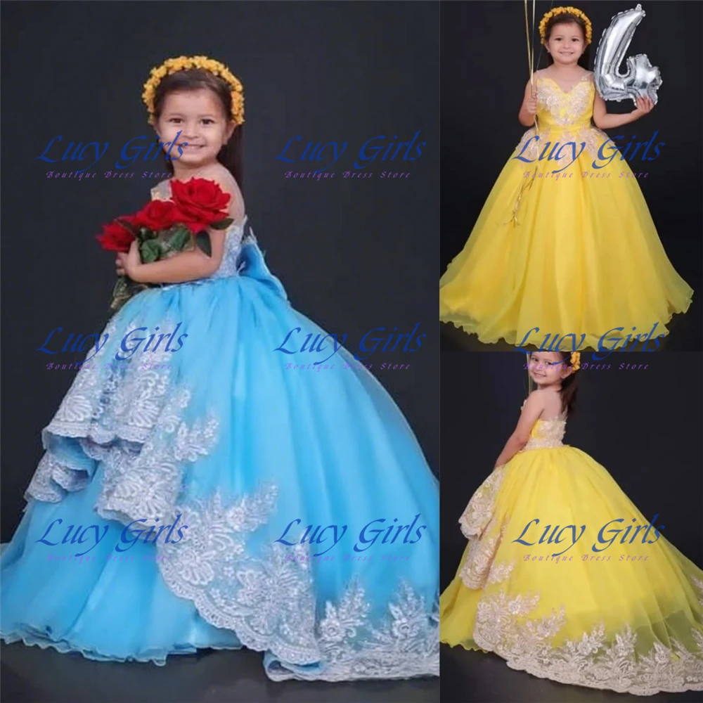 

Lovely Quality Blue Flower Girl Dress Tulle Fluffy With Lace Applique For Little Princess Wedding Birthday Party Evening Gowns