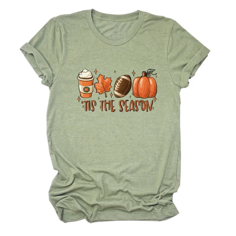 New summer cotton women's thin TIS THE SEASON letter print vintage round neck short sleeve casual loose T-shirt